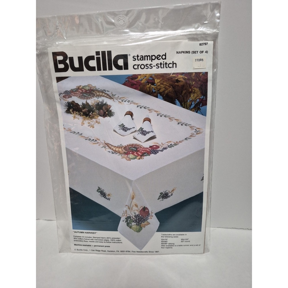 Bucilla Stamped Cross Stitch AUTUMN HARVEST Set of 4 Napkins 82797 New Sealed